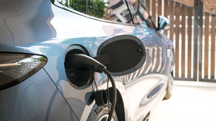 Electric car charging at home. Go green or sustainability living.