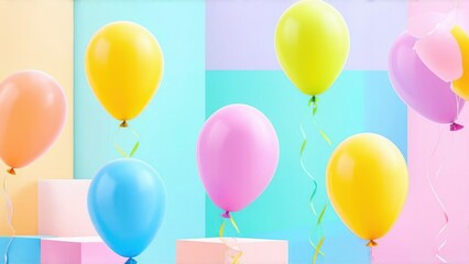 Set of colorful realistic mat helium balloons floating on blurred colorful background. balloons for birthday, party, wedding or promotion banners or posters