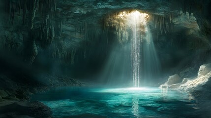Deep within a shadowy cave, a spring bubbles up from the earth, forming a crystal-clear underground pool