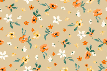 Cute feminine seamless watercolor pattern with little tiny wildflowers, hand drawn, not AI