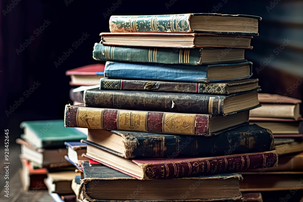 Poster a stack of books on a wooden table. the books are of different sizes and colors. the stack is piled 