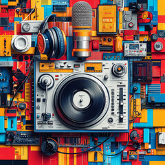 Fototapeta premium Vibrant DJ Equipment with Headphones and Microphone