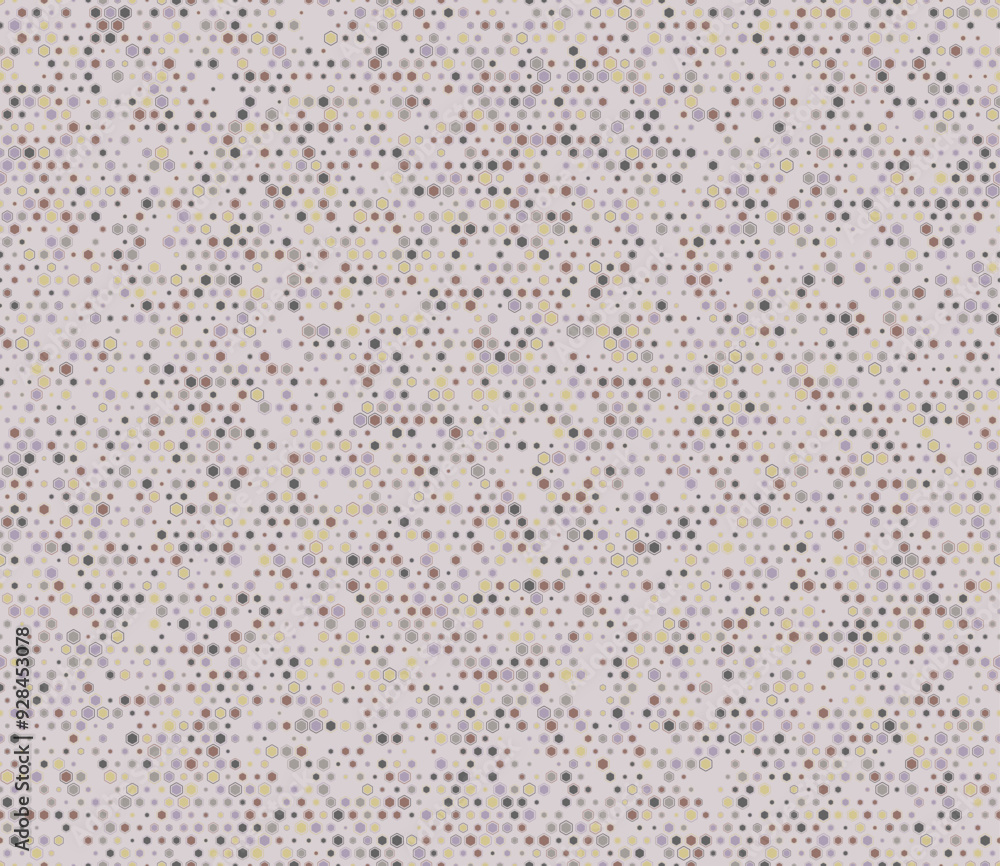 Poster Abstract template background. Multicolored geometric elements of varied size. Rounded hexagons mosaic pattern with inner solid cells. Small hexagon shapes. Tileable pattern.
