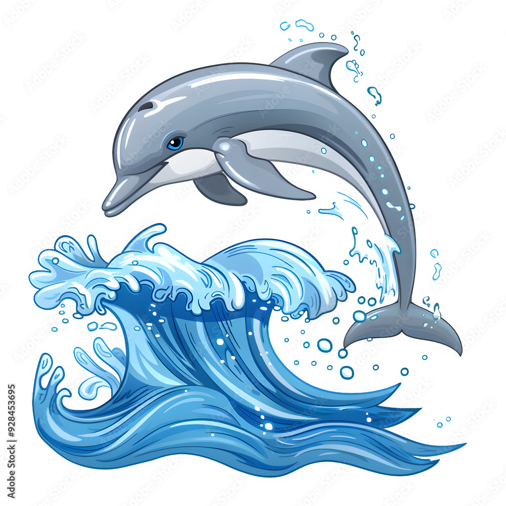 Poster vibrant illustration of a joyful dolphin leaping over a dynamic ocean wave, surrounded by splashing 