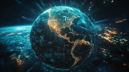 Obraz premium Futuristic digital earth with glowing city lights and abstract data lines.