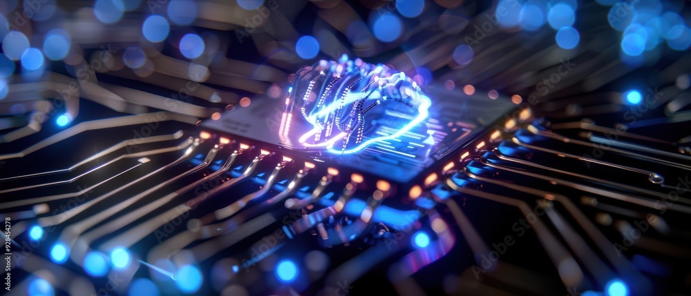 Poster a close-up view of a glowing microchip on a circuit board, showcasing modern technology and intricat
