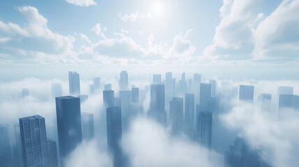 Fototapeta premium clouds over city, A modern city skyline with clouds moving swiftly above the buildings, showing the dynamic interplay between