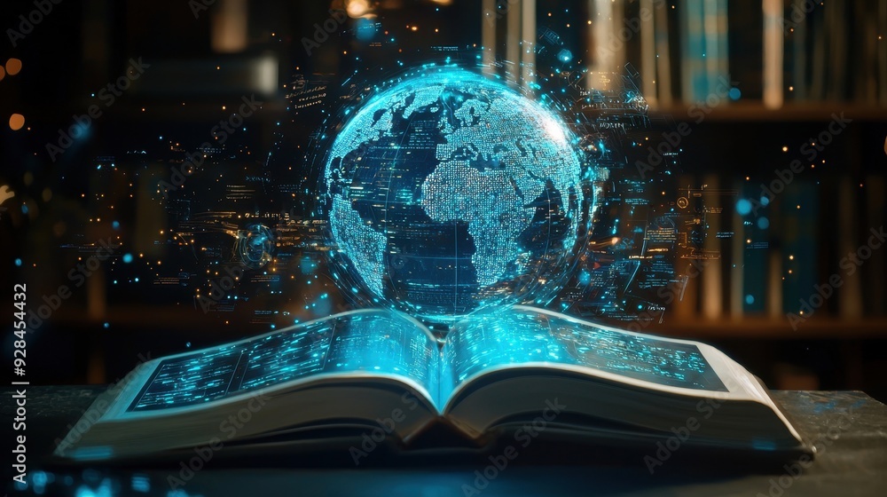 Aufkleber digital globe emerging from an open book.