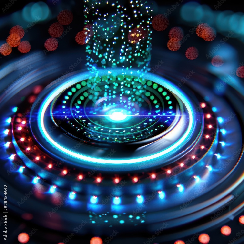 Poster a vibrant abstract design featuring luminous particles and colorful lights, creating a futuristic an