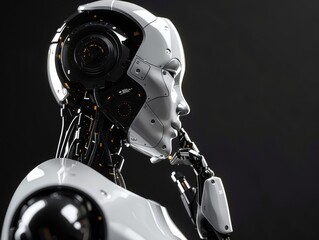 Fototapeta premium A sleek humanoid robot with a reflective surface engaged in deep thought against a dark backdrop. With copy space for text.