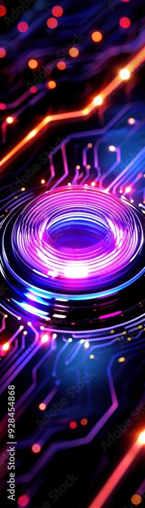 Poster abstract technology background with glowing circuit patterns and vibrant neon colors, showcasing inn