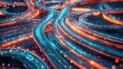 Abstract Digital Network with Orange and Blue Lights.