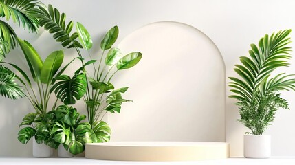 Elegant podium, classic architecture influence, soft beige tones, ambient lighting, 3D illustration
