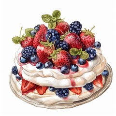 Delicious pavlova dessert topped with fresh berries and mint, perfect for festive occasions or sweet treats.