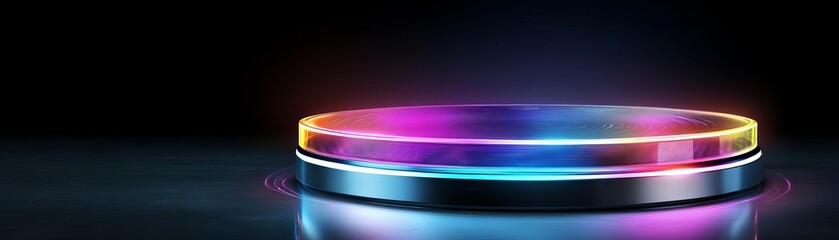 Futuristic podium background, holographic elements, vibrant neon glow, dark backdrop, advanced technology theme, sharp clarity