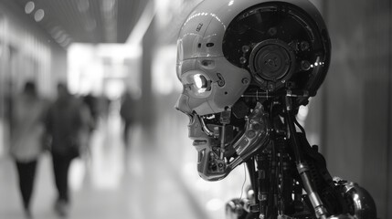Fototapeta premium A close-up of a humanoid robot model in a modern indoor space with people blurred in the background