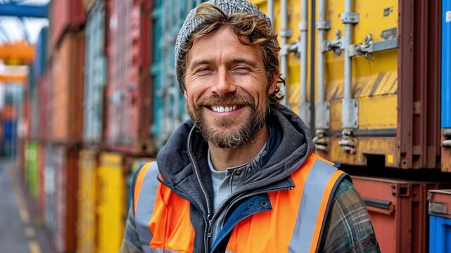 Positive Caucasian engineer in a safety gear standing near a shipping container port, chatting with a collaborator while looking at information on a computer