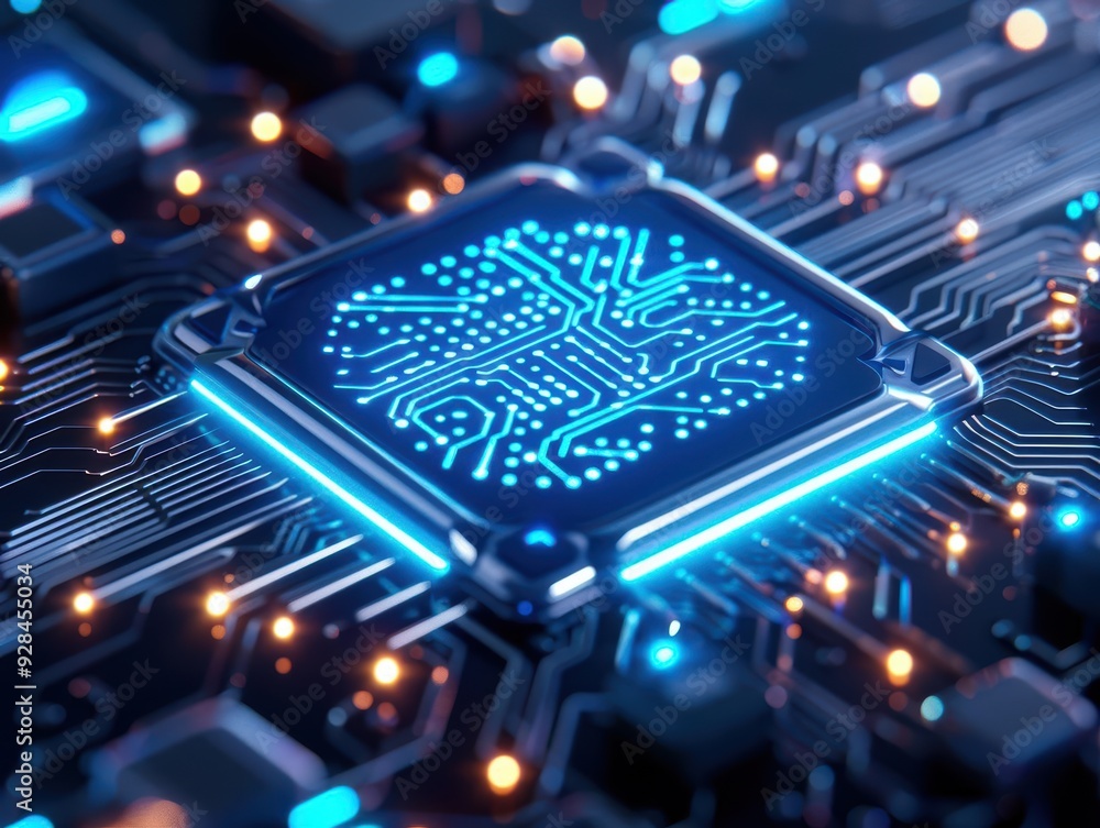 Poster close-up view of a futuristic microchip on a circuit board with glowing blue details, showcasing adv