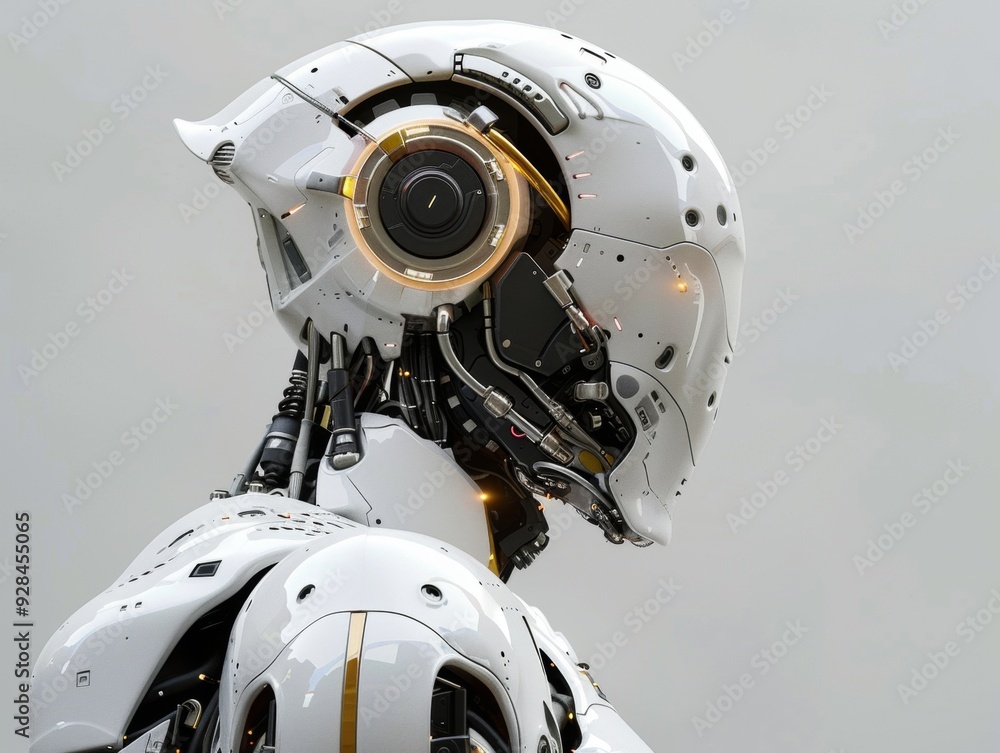 Poster a futuristic humanoid robot with intricate design details and illuminated features against a neutral