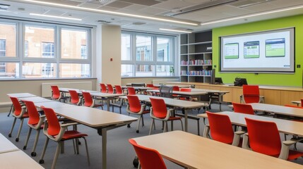 Modern Classroom Interior with Red Chairs and Desks.