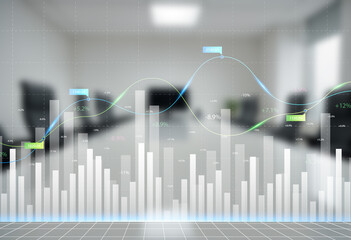Double exposure of abstract financial graph with world map on office buildings background, forex and investment concept