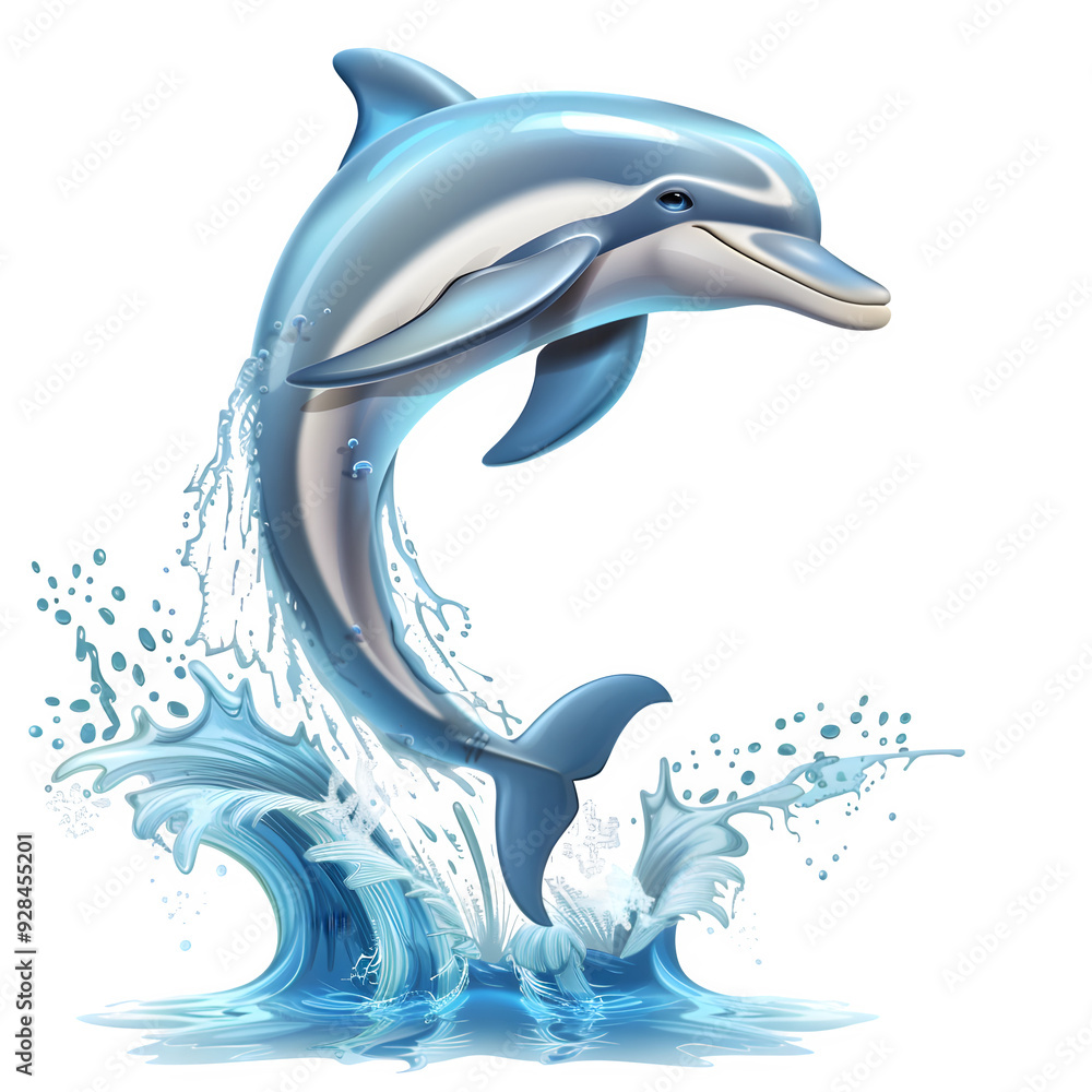 Aufkleber Realistic 3d image of a dolphin leaping out of the ocean, creating lively splashes, against a see-through backdrop
