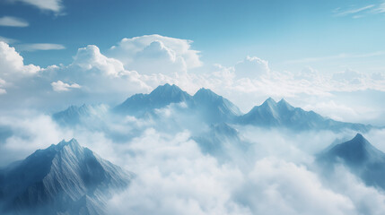 mountains and clouds, A scenic view of clouds hovering over a mountain range, with peaks partially hidden by misty clouds, creating a mystical atmosphere