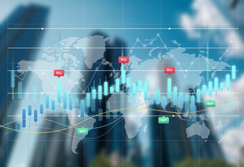 Double exposure of abstract financial graph with world map on office buildings background, forex and investment concept