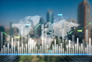 Double exposure of abstract financial graph with world map on office buildings background, forex and investment concept