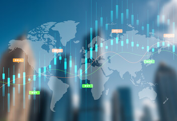 Double exposure of abstract financial graph with world map on office buildings background, forex and investment concept