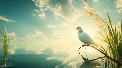 Fototapeta premium Serene Nature Scene with White Dove on Branch Reflecting Tranquil Lake and Sky, Emblematic of Peace 