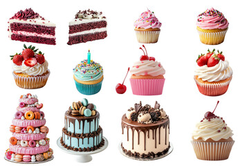 Set of colorful birthday cakes and cupcakes