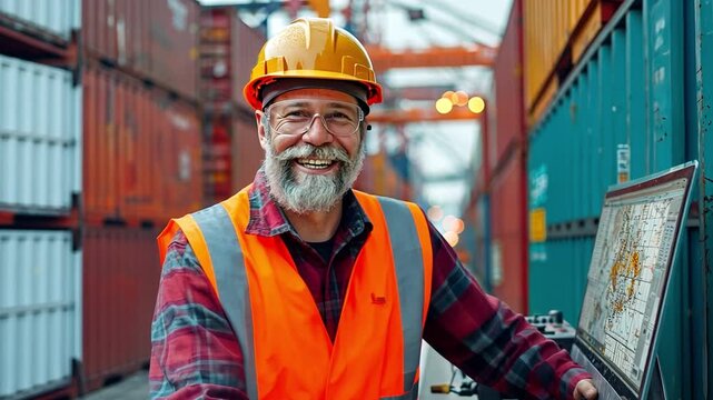 Positive Caucasian engineer in a safety gear standing near a shipping container port, chatting with a collaborator while looking at information on a computer