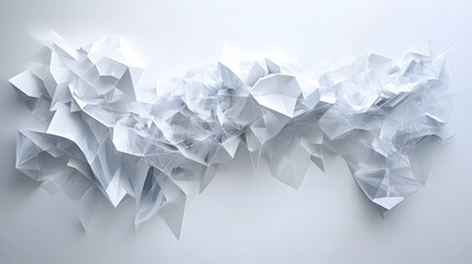 59. Abstract 3D wall art showcasing interconnected prisms and floating shapes forming an intricate design against a pristine white backdrop.