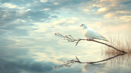 Obraz premium Serene Nature Scene with White Dove on Branch Reflecting Tranquil Lake and Sky, Emblematic of Peace 