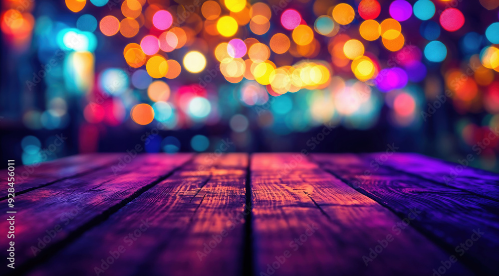 Aufkleber Empty wooden table top with colorful blurred bokeh lights background