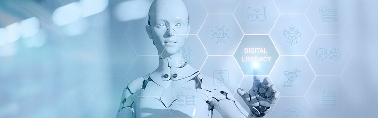 A humanoid robot interacts with a glowing 