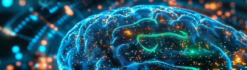 Brain health, glowing neural pathways, holographic brain scan, vibrant electric blue and neon green, digital wellness concept