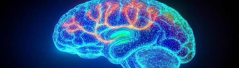 Brain health, glowing neural pathways, holographic brain scan, vibrant electric blue and neon green, digital wellness concept