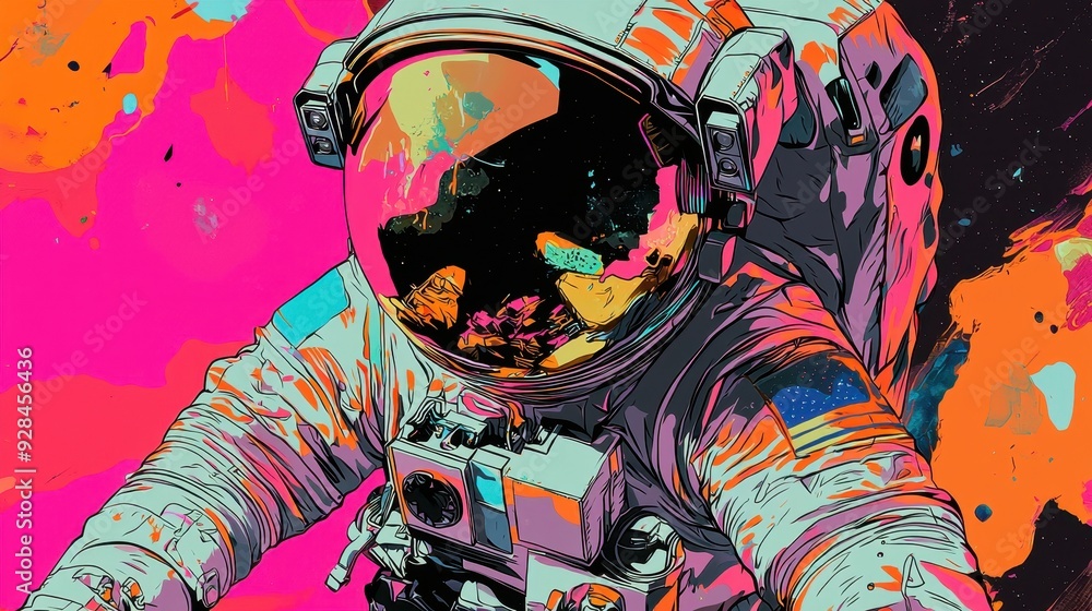 Poster astronaut in space with colorful abstract background.