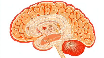 Brain anatomy, detailed lobes and structures, warm orange and red highlights, flat design illustration