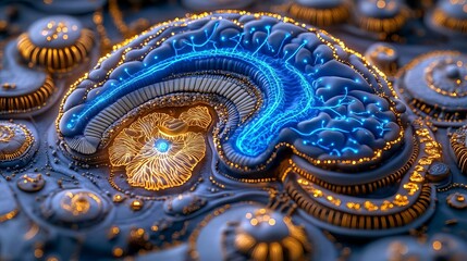 Intricate brain anatomy, glowing neural pathways in blue and gold, 3D illustration