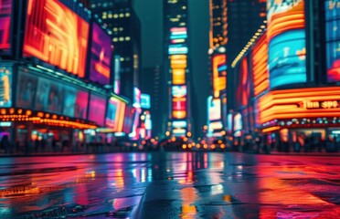 Fototapeta premium Nighttime city street illuminated by neon signs.