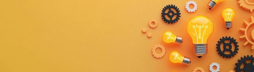 Brainstorming, bright ideas with glowing light bulbs and gears, yellow and orange highlights, flat design illustration