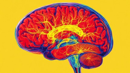 Brain scan, colorful MRI slices showing neural activity, dynamic red and yellow hues, flat design illustration