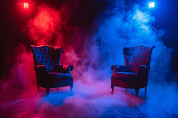 Two chairs facing each other in a smoky room with intense red and blue lighting creating a dramatic and mysterious scene - Powered by Adobe