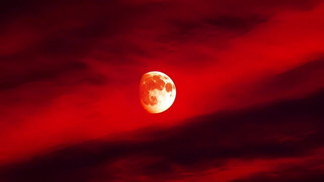 Spooky and eerie red moon shines through dark clouds in the night sky, perfect for halloween projects. Ideal for chilling backgrounds