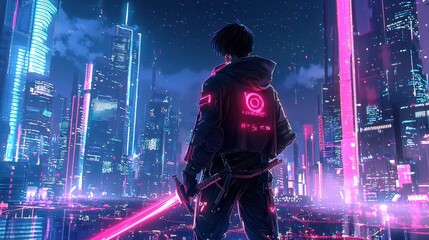 Obraz premium Cyberpunk Cityscape with a mysterious figure.