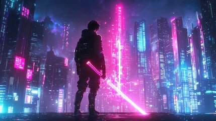 Cyberpunk Cityscape with Silhouette of a Man Holding a Sword.