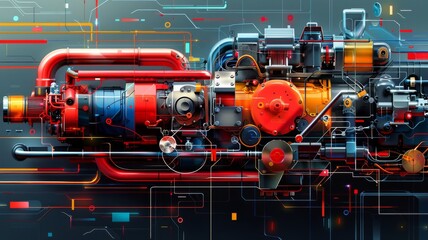 Fototapeta premium An abstract, geometric interpretation of a car engine, using bold shapes and lines to represent the core components